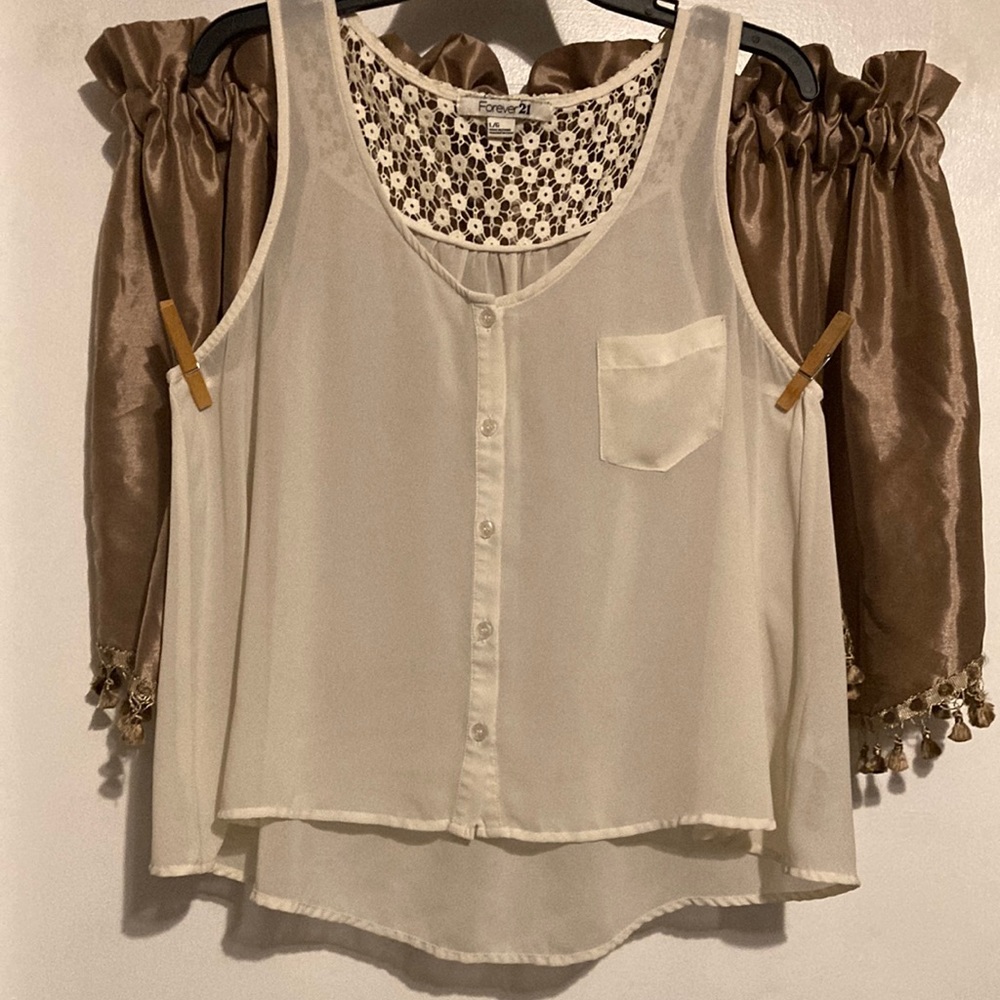 Sheer Sleeveless Button Down Cream Color Blouse with Crochet Detail Size Large